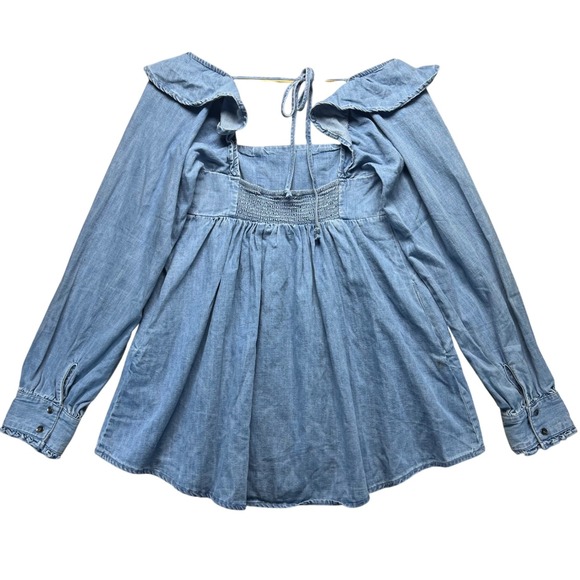 Free People XS Chambray Denim Ruffle Collar Cottagecore Long Sleeve Tie Back Top - Picture 4 of 14